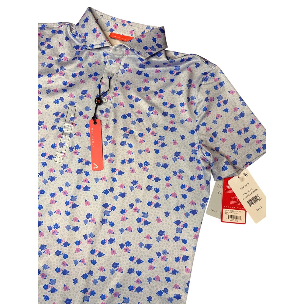 REDVANLY Leone Polo Mens Small Blue Lavender Floral PUREpoly Golf Shirt R2508